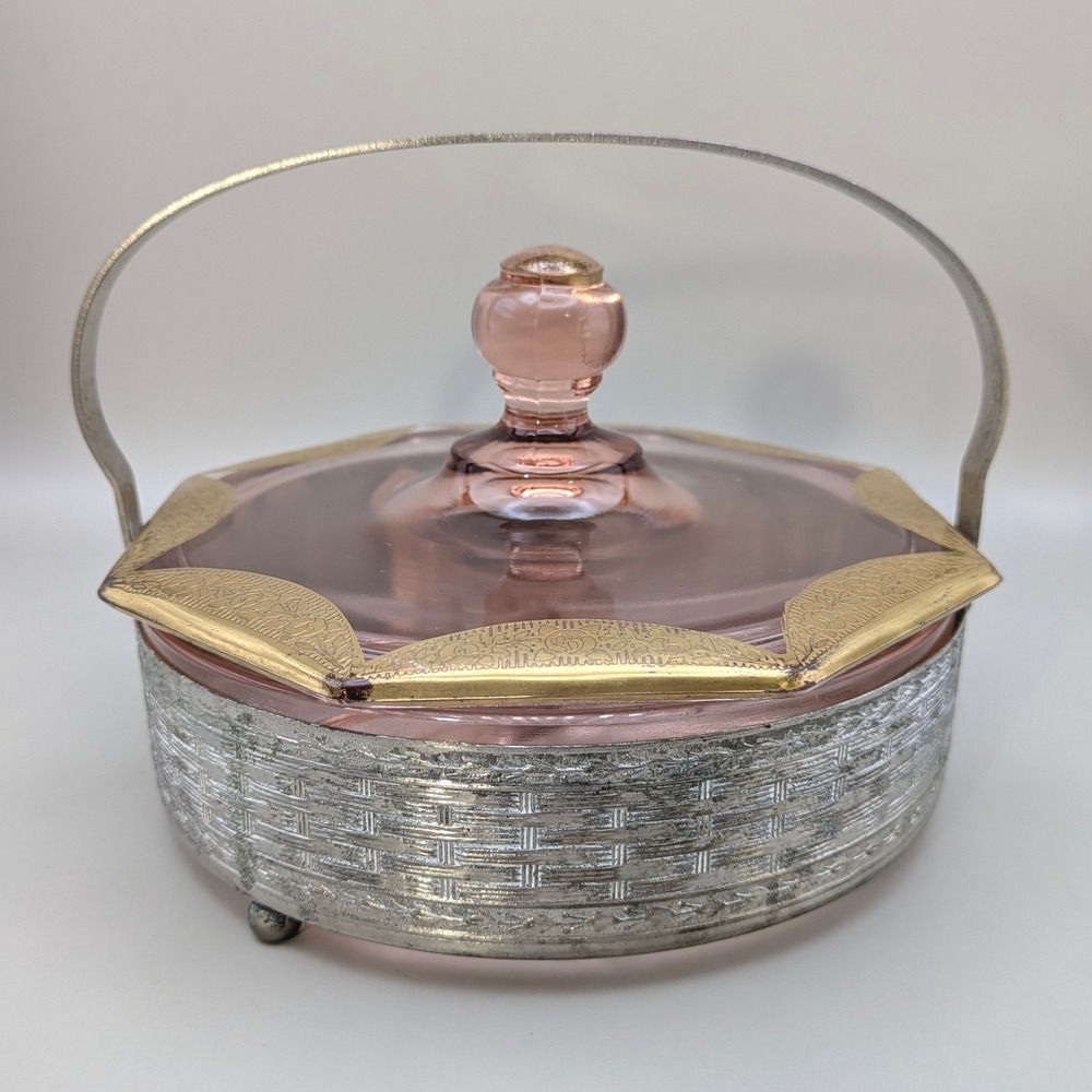 Vintage 1930s Art Deco Pink Depression Glass Divided Dish Gold Trim Metal Basket